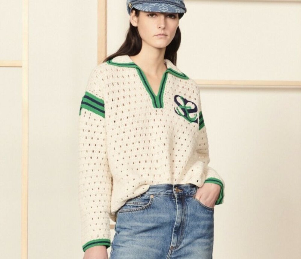 Sandro Sz 0 Cream Crochet Sweater Green Embroidered Logo Hand Crocheted NWT $445